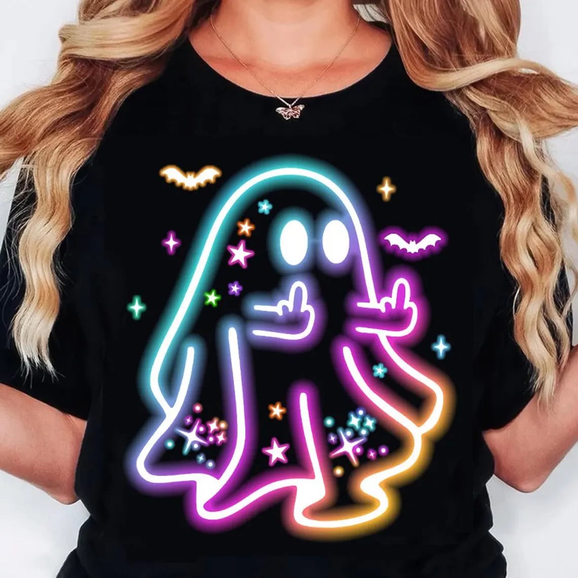 Neon Ghost Flipping Off Graphic Tee product image 1